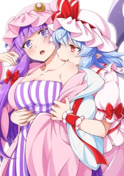 2girls bare_shoulders bat_wings biting blue_hair blush bow breasts cleavage collarbone commentary_request commission crescent crescent_hat_ornament dress eichi_yuu fang hair_bow hat hat_ornament hat_ribbon hug hug_from_behind large_breasts long_hair mob_cap multiple_girls neck_biting open_mouth patchouli_knowledge pink_hat pink_shirt pink_skirt pixiv_commission pointy_ears purple_dress purple_eyes purple_hair red_bow red_eyes remilia_scarlet ribbon shirt skirt skirt_set sleeve_bow smile striped_clothes striped_dress touhou vampire vertical-striped_clothes vertical-striped_dress very_long_hair wings wrist_cuffs yuri
