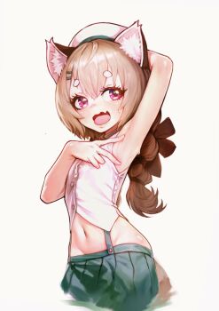 1girl animal_ear_fluff animal_ears arm_up armpits beret brown_hair commentary cropped_torso english_commentary fangs flat_chest green_skirt hair_ornament hair_ribbon hairclip hat highres komachi_panko komachi_panko_(1st_costume) loli long_hair looking_at_viewer miniskirt navel open_mouth phase_connect pink_eyes presenting_armpit red_panda_ears ribbon shirt simple_background skin_fangs skirt socks solo straight-on suspender_skirt suspenders sussynano tail thick_eyebrows virtual_youtuber white_background white_hat