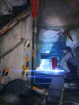 1girl absurdres banishment black_hair black_skirt black_socks blue_sky brown_shoes closed_mouth cloud commentary_request cumulonimbus_cloud day grey_sweater_vest highres loafers long_hair original pleated_skirt railing scenery shirt shoes short_sleeves skirt sky socks squatting stairs summer sweater_vest traffic_cone tunnel vending_machine white_shirt