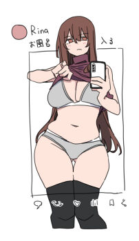 Rule 34 | blush, breasts, brown eyes, brown hair, cellphone, clothes lift, commentary, commentary request, durindana 7, gluteal fold, grey sports bra, grey sports panties, highres, jitome, large breasts, long hair, midriff, original, phone, rina (durindana 7), shirt lift, smartphone, sports bra, tagme, turtleneck, untranslatable commentary, white background