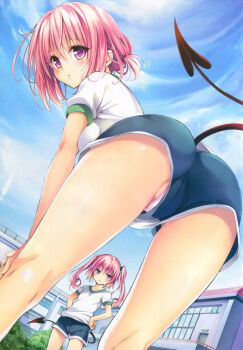 10s 2girls ass blush buruma day demon_tail female_focus from_behind gym_shorts gym_uniform highres kneepits leaning_forward long_hair looking_back momo_velia_deviluke multiple_girls nana_asta_deviluke panties panties_under_buruma panty_slip pantylines partially_visible_vulva pink_hair pink_panties purple_eyes short_hair shorts siblings sisters sky tail third-party_edit to_love-ru to_love-ru_darkness twins twintails underwear upshorts yabuki_kentarou