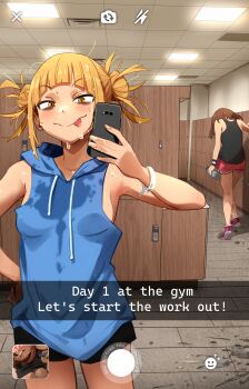 2girls :p absurdres ankle_socks arm_at_side armpits bags_under_eyes bare_shoulders biting biting_ear black_shorts black_tank_top blonde_hair blue_hoodie blunt_bangs blush bob_cut boku_no_hero_academia bottle breasts brown_hair camera_feed ceiling cellphone cleavage closed_mouth clothes_lift dolphin_shorts double_bun drink dripping english_text eyes_out_of_frame facing_away fluorescent_lamp gym hair_bun hair_up hand_on_another&#039;s_face hand_on_own_hip head_out_of_frame highres holding holding_bottle holding_drink holding_phone holding_water hood hood_down hoodie implied_after_sex implied_cunnilingus indoors khyle. locker locker_room looking_down loose_hair_strand medium_breasts messy multiple_girls paid_reward_available phone photo-referenced pink_shoes pink_shorts puddle pussy_juice recording selfie shirt shirt_lift shoes short_hair short_shorts shorts sideboob sleeveless sleeveless_hoodie slit_pupils smartphone smile sneakers socks standing subtitled sweat tank_top tile_ceiling tile_floor tiles toga_himiko tongue tongue_out uraraka_ochako vent_(object) very_sweaty walking water_bottle wavy_mouth wet wet_clothes wet_shirt white_socks yellow_eyes yuri