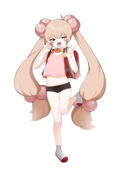 1girl absurdres backpack bad_tag bag brown_eyes chiimanju crime_prevention_buzzer fang female_focus full_body hair_ornament hair_ribbon highres kodomo_no_jikan kokonoe_rin legs loli long_hair long_twintails mesugaki micro_shorts pom_pom_(clothes) pom_pom_hair_ornament randoseru ribbon shirt shoes shorts skin_fang sleeveless sleeveless_shirt socks solo thighs tongue tongue_out twintails