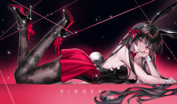 1girl absurdres alternate_costume animal_ear_hairband animal_ears artist_name ass bare_shoulders black_hair black_leotard black_pantyhose black_shoes breasts chisa_(wuthering_waves) cleavage closed_mouth commentary english_text fake_animal_ears fake_tail footwear_ribbon from_side gradient_background hair_ribbon hairband high_heels highres hooked_on_heel lace lace_pantyhose lace_pantyhose_hooked_on_heel_(meme) leotard long_hair looking_at_viewer medium_breasts meme pantyhose pink_background playboy_bunny rabbit_ear_hairband rabbit_ears rabbit_tail red_eyes red_ribbon red_skirt ribbon ringeko-chan shoes skirt solo strapless strapless_leotard tail variant_set very_long_hair wrist_cuffs wuthering_waves