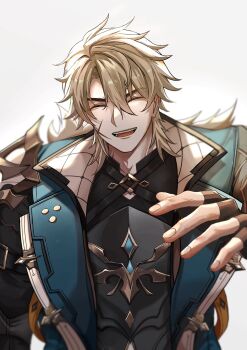 1boy aice_alice_ice black_gloves blonde_hair closed_eyes coat commentary_request facial_scar fingerless_gloves genshin_impact gloves gold_trim hair_between_eyes highres open_mouth scar scar_on_cheek scar_on_face shirt short_hair smile v-shaped_eyebrows varka_(genshin_impact) white_background