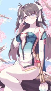 adjusting_eyewear animated animated_gif bare_shoulders blue_sky blush bow breasts brown_hair chinese_commentary closed_mouth commentary_request day earrings glasses hair_bow highres jewelry large_breasts long_hair looking_at_viewer multicolored_hair multiple_hair_bows outdoors paintbrush pantyhose piao_mao pink_eyes semi-rimless_eyewear sitting sitting_on_branch sky smile streaked_hair twintails under-rim_eyewear very_long_hair white_bow white_pantyhose wuthering_waves yellow-framed_eyewear zhezhi_(wuthering_waves)