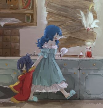 2girls bare_shoulders bird blue_hair blue_nightgown blush boarded_windows chicken commentary_request cupboard dragging faucet highres holding holding_brush hood hoodie indoors jar kaku_seiga miyako_yoshika multiple_girls nightgown open_mouth red_hoodie slippers tisha_(kimagurenukosan) touhou