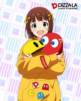 1girl amami_haruka blinky_(pac-man) brown_hair card_(medium) english_text green_eyes hair_ribbon holding idolmaster idolmaster_million_live! idolmaster_million_live!_theater_days inky_(pac-man) official_art open_mouth pac-man pac-man_(game) ribbon