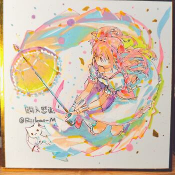 Rule 34 | 1girl, absurdres, bow, bubble skirt, chest jewel, chinese text, choker, commentary, confetti, dress, frilled dress, frilled skirt, frilled sleeves, frilled socks, frilled umbrella, frills, full body, gem, gloves, hair bow, highres, holding, holding umbrella, kaname madoka, kaname madoka (magical girl), kneehighs, kyubey, looking to the side, magical girl, mahou shoujo madoka magica, mahou shoujo madoka magica (anime), miniskirt, parasol, photo (medium), pink choker, pink dress, pink eyes, pink gemstone, pink hair, pink umbrella, puffy short sleeves, puffy sleeves, red bow, red shoes, riko-m, shikishi, shoes, short dress, short hair, short sleeves, short twintails, skirt, socks, square neckline, symbol-only commentary, traditional media, twintails, twitter username, two-sided umbrella, umbrella, waist bow, white gloves, white skirt, white sleeves, white socks, yellow umbrella