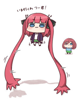 Rule 34 | 2girls, :3, absurdly long hair, akino ell, black pantyhose, black ribbon, black shoes, blue eyes, blue shoes, blue sweater, brown hair, chibi, closed mouth, collared shirt, commentary request, go-toubun no hanayome, green skirt, hair over one eye, hair ribbon, headphones, headphones around neck, highres, jacket, long hair, motion lines, multiple girls, nakano miku, nakano nino, open clothes, open jacket, pantyhose, pleated skirt, prehensile hair, purple hair, purple jacket, ribbon, shadow, shirt, shoes, simple background, skirt, socks, speed lines, sweater, translated, two side up, v-shaped eyebrows, very long hair, white background, white shirt, white socks