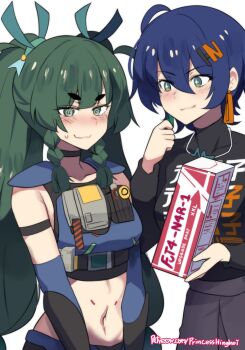 +_+ 2girls @_@ ahoge android black_choker black_shirt blue_hair blush box braid braided_sidelocks choker closed_mouth clothes_writing commentary covered_collarbone earrings english_commentary green_eyes green_hair grey_skirt hair_between_eyes highres hinghoi holding holding_box implied_yuri jewelry looking_at_another midriff multiple_girls navel patreon_username police police_uniform policewoman qingyi_(zenless_zone_zero) shirt side_braids simple_background skirt sweatdrop twintails white_background zenless_zone_zero