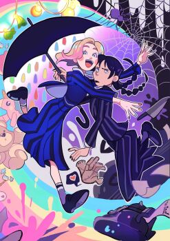 2girls absurdres alos_(alosrovolo) black_hair black_jacket black_lips black_nails black_shoes black_skirt blonde_hair blue_jacket blue_skirt blue_sweater blush braid closed_mouth colored_tips disembodied_hand enid_sinclair falling_paper freckles furrowed_brow heart highres holding holding_umbrella jacket knife long_hair medium_hair multicolored_hair multicolored_nails multiple_girls nail_polish open_mouth parted_bangs pink_hair school_uniform shoes silk skirt smile socks spider_web spoken_heart stitched_hand striped_clothes striped_jacket striped_skirt striped_socks stuffed_animal stuffed_toy sweater teddy_bear the_addams_family thing_(the_addams_family) twin_braids typewriter umbrella wednesday_(netflix) wednesday_addams