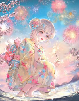1girl ahoge animal_print anklet barefoot blue_eyes blush bracelet cherry_blossoms fireworks floral_print flower hair_bun hair_flower hair_ornament hairclip highres holding japanese_clothes jewelry kimono large_variant_set looking_at_viewer makeup obi original outdoors pink_flower print_kimono sash short_hair sky smile solo sparkler squatting variant_set water wide_sleeves xixizi yellow_kimono