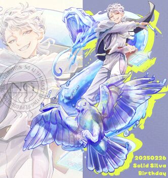 1boy 2025 absurdres bird black_clover book character_name dated ejon_sc floating floating_book floating_object full_body furrowed_brow grimoire grin hand_up happy_birthday highres hydrokinesis long_sleeves magic male_focus open_book pants purple_eyes riding riding_bird shirt short_hair smile snake solid_silva solo water white_hair white_pants white_shirt