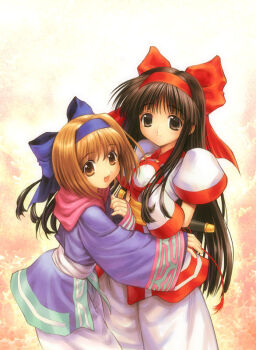 2girls ainu_clothes black_hair blue_bow blue_hairband bow brown_eyes brown_hair closed_mouth cowboy_shot fingerless_gloves gloves goto_p hair_bow hairband hand_up long_hair long_sleeves looking_at_viewer multiple_girls nakoruru open_mouth pants red_bow red_hairband rimururu samurai_spirits sash sheath sheathed siblings sisters sleeves_past_wrists smile standing white_gloves white_pants white_sash yellow_sash