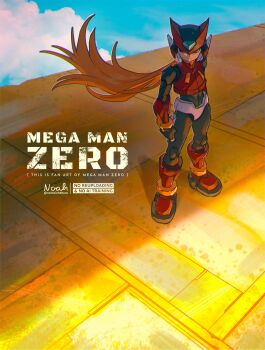Rule 34 | 1boy, absurdres, armor, blonde hair, clenched hand, copyright name, forehead jewel, full body, helmet, highres, long hair, male focus, mega man (series), mega man zero (series), missing commentary, noah (rokoroko), red armor, red helmet, solo, standing, watermark, zero(z) (mega man), zero (mega man)