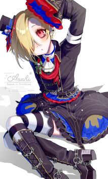 1girl arm_up blonde_hair blush boots commentary_request dress hair_over_one_eye hat high_heel_boots high_heels highres idolmaster idolmaster_cinderella_girls lace-up_boots looking_at_viewer mini_hat mini_top_hat red_eyes shine_asahi shirasaka_koume short_hair sitting sleeves_past_fingers sleeves_past_wrists solo striped_clothes striped_thighhighs thighhighs top_hat