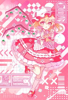 Rule 34 | 1girl, :o, absurdres, alternate wings, blonde hair, blush, collared shirt, commentary, dot nose, flandre scarlet, frilled skirt, frilled socks, frills, full body, grid background, hair between eyes, hat, highres, holding, holding spoon, looking at viewer, mob cap, open mouth, outline, red eyes, red shoes, red skirt, shirocha tei, shirt, shoes, short hair, short sleeves, skirt, socks, solo, spoon, standing, standing on one leg, symbol-only commentary, touhou, twitter username, watermark, white hat, white outline, white shirt, white socks, wings, wrist cuffs