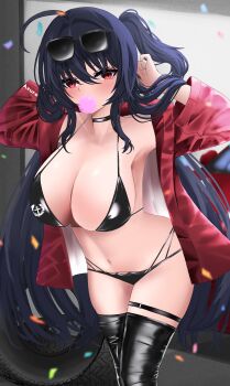 Rule 34 | 1girl, absurdres, ahoge, azur lane, bare shoulders, bikini, black bikini, black choker, black hair, black thighhighs, blowing bubble gum, blush, breasts, chewing gum, choker, cleavage, crossed bangs, eyewear on head, hair between eyes, highres, jacket, large breasts, long hair, looking at viewer, multi-strapped bikini top, navel, official alternate costume, open clothes, open jacket, race queen, red eyes, red jacket, rei tuki, solo, sunglasses, swimsuit, taihou (azur lane), taihou (enraptured companion) (azur lane), thighhighs, very long hair