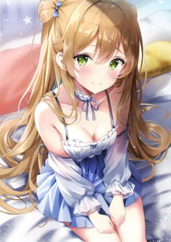 1girl aizawa_(aizawatsu) bare_shoulders blue_skirt blush breasts brown_hair cleavage detached_collar detached_sleeves double_bun from_above girls&#039;_frontline green_eyes hair_bun highres indoors long_hair looking_at_viewer medium_breasts pillow rfb_(girls&#039;_frontline) shirt sitting skirt smile solo very_long_hair white_shirt