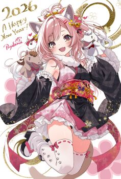 Rule 34 | 1girl, 2026, :d, animal ear fluff, animal ears, antenna hair, bell, black kimono, black sleeves, bow, bright pupils, brown eyes, chinese zodiac, commentary request, detached sleeves, fang, floral print, floral print kimono, fur-trimmed kimono, fur trim, geta, gradient hair, hair bell, hair bow, hair ornament, hairclip, hand puppet, happy new year, highres, japanese clothes, jingle bell, kimono, long hair, long sleeves, looking at viewer, multicolored eyes, multicolored hair, new year, obi, open mouth, original, pink bow, pink hair, pink kimono, po yo ta ma, print kimono, puppet, purple eyes, ribbon-trimmed thighhighs, ribbon trim, sash, short kimono, skin fang, sleeveless, sleeveless kimono, smile, solo, tabi, thighhighs, two-tone eyes, two-tone hair, two-tone kimono, white hair, white pupils, white thighhighs, wide sleeves, year of the horse