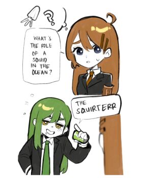 1boy 1girl ahoge black_jacket blue_eyes blush borderless_panels brown_hair brown_necktie can collared_shirt dress_shirt drunk english_text green_hair green_necktie highres hod_(project_moon) holding holding_can jacket lapels lobotomy_corporation long_hair meme necktie netzach_(project_moon) project_moon shirt squid sweat what_role_does_squid_play_in_the_ocean_ecosystem?_the_squirterrr_(meme) white_shirt zygyzy_031