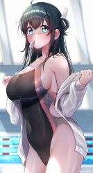 Rule 34 | 1girl, absurdres, amano nene (vtuber), black hair, black one-piece swimsuit, blue eyes, breasts, cleavage, collarbone, commentary request, commission, competition swimsuit, covered navel, cowboy shot, hair rings, half updo, highres, jacket, lane line, large breasts, long hair, mouth hold, one-piece swimsuit, pool, production kawaii, skeb commission, solo, swimsuit, virtual youtuber, whistle, white jacket, yayoi maka