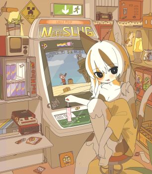1girl animal_ears arcade_cabinet asymmetrical_legwear bad_id bad_twitter_id black_eyes black_hair blush brand_name_imitation breasts bright_pupils candy cat_ears cat_girl cat_tail cleavage clock condom controller crt digital_clock dildo exit_sign famicom famicom_disk_system fishbowl food furry furry_female game_console grey_hair gumball_machine highres indoors joystick lava_lamp lube meme metal_slug mike_no_hito minecraft mismatched_legwear multicolored_fur multicolored_hair nyan_cat open_mouth orange_hair original parody plant potted_plant red_bull refrigerator sex_toy sitting small_breasts solo stool tail thighhighs white_hair white_pupils