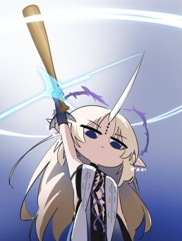 1girl arm_up baseball_bat black_dress blonde_hair blue_eyes breasts chibi chibi_only closed_mouth cryne dress fleurdelys_(wuthering_waves) highres holding holding_baseball_bat holding_weapon horns large_breasts long_hair long_horns pointy_ears sidelocks single_horn solo tabard tacet_mark_(wuthering_waves) upper_body weapon white_tabard wuthering_waves