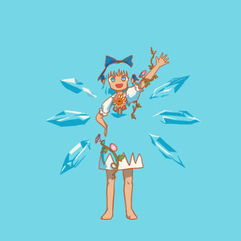 1girl :d arm_up barefoot blue_background blue_bow blue_dress blue_eyes blue_hair bow cirno commentary_request detached_wings dress fairy flower full_body hair_bow hand_on_own_hip hidden_star_in_four_seasons highres ice ice_wings looking_at_viewer matsumoto_oka morning_glory neck_flower open_mouth outstretched_arm outstretched_hand plant short_hair short_sleeves simple_background smile solo spread_fingers straight-on sunflower tan tanned_cirno touhou vines wings