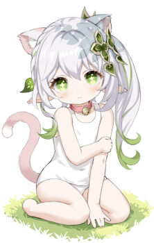 1girl absurdres animal_ears bell cat_ears cat_girl cat_tail genshin_impact green_eyes highres jingle_bell m-eine multicolored_hair nahida_(genshin_impact) neck_bell one-piece_swimsuit pointy_ears school_swimsuit side_ponytail sitting solo swimsuit tail white_one-piece_swimsuit