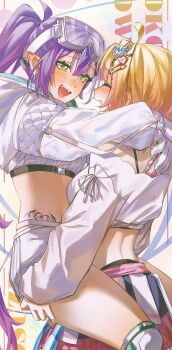 2girls absurdres ahoge arms_around_neck bandeau blonde_hair blush carrying carrying_person character_name cheerleader closed_eyes commentary couple facing_another gloves goggles goggles_on_head gradient_hair green_eyes hair_ornament hairclip hand_on_another's_ass hashtag-only_commentary high_ponytail highres hip_tattoo hololive hooded_shrug hug legzy long_hair long_sleeves looking_at_another medium_hair momosuzu_nene momosuzu_nene_(cheerleader) multicolored_hair multiple_girls official_alternate_costume open_mouth piercing pink_hair pink_skirt pointy_ears ponytail purple_hair ribbed_bandeau shorts shrug_(clothing) skirt smile stomach symbol-only_commentary tattoo tokoyami_towa tokoyami_towa_(cyberpunk) virtual_youtuber white_bandeau white_gloves white_shorts white_shrug winged_heart winged_heart_tattoo yuri