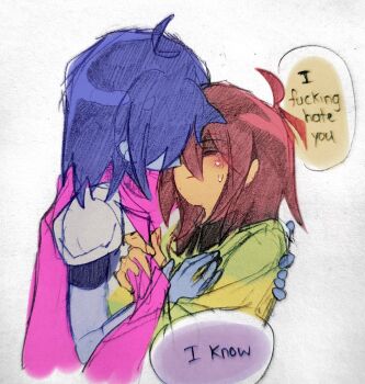 2others absurdres antenna_hair armor bare_arms blue_hair blue_skin blush brown_hair closed_mouth colored_skin commentary cropped_torso crying crying_with_eyes_open deltarune dual_persona english_text erynecad film_grain green_sweater hair_between_eyes hand_on_another&#039;s_chest hand_on_another&#039;s_shoulder hatching_(texture) highres kris_(dark_world)_(deltarune) kris_(deltarune) long_sleeves looking_at_another medium_hair multiple_others no_gloves other_with_other pink_scarf pulling_another&#039;s_clothes red_eyes scarf selfcest shaded_face shoulder_armor simple_background striped_clothes striped_sweater sweater symbol-only_commentary tears two-tone_sweater utdr_(toby_fox) white_background yellow_sweater