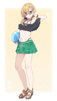 1girl ball beachball bikini black_bikini black_scrunchie blonde_hair border bow brown_background brown_eyes brown_sandals collarbone eyewear_on_head frilled_bikini frills full_body hair_between_eyes hair_bow hair_ornament hair_over_shoulder hair_scrunchie hand_up highleg highleg_bikini highres holding holding_ball jewelry long_hair looking_at_viewer low_ponytail nagami_yuu navel off-shoulder_bikini off_shoulder original pendant ponytail sandals scrunchie smile solo standing swimsuit white_border white_bow