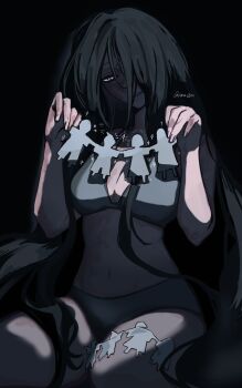 Rule 34 | 1girl, alien stage, black background, black hair, bra, burn scar, commentary request, grey bra, grey panties, hair over one eye, highres, holding, long hair, mizi (alien stage), naru 00m, navel, panties, paper doll, paper doll chain, scar, scar on face, scar on stomach, signature, smile, solo, underwear, underwear only, very long hair