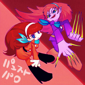 Rule 34 | belt, black belt, black boots, blue eyes, blue scarf, boots, brown hair, coat, cyborg, cyborg 009, dynamic pose, formal clothes, francoise arnoul, hairband, highres, long hair, looking at viewer, pants, panty &amp; stocking with garterbelt (style), purple suit, red coat, red pants, sariokisu, scarf, sharp teeth, soldier, suit, teeth, very long fingernails, white hairband