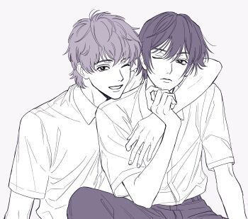 2boys arm_around_shoulder closed_mouth code_geass collared_shirt frown grey_background greyscale grin hair_between_eyes highres kururugi_suzaku lelouch_vi_britannia looking_at_viewer looking_to_the_side male_focus monochrome multiple_boys one_eye_closed pants shirt shirt_tucked_in short_sleeves sideways_glance simple_background sitting smile teeth upper_body wing_collar yorusl