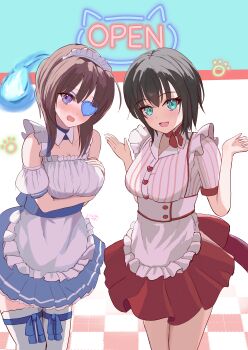 2girls :d absurdres alternate_costume aoi_erika apron aqua_eyes arm_under_breasts back_bow bare_shoulders black_hair blue_collar blue_eyes blue_ribbon blue_skirt blush bow bow_legwear breasts brown_hair buttons checkered_background checkered_floor choker collar collarbone commentary_request cosplay costume_switch cowboy_shot detached_collar detached_sleeves embarrassed eyepatch frilled_apron frilled_skirt frills hair_between_eyes hand_on_own_chest hands_up head_tilt heaven_burns_red highres hiiragi_kozue large_breasts leg_ribbon looking_at_viewer maid maid_apron maid_headdress medium_breasts medium_hair miniskirt multiple_girls neck_ribbon nervous_smile nose_blush one_eye_covered open_mouth paw_print pinstripe_pattern pinstripe_shirt pleated_skirt puffy_detached_sleeves puffy_short_sleeves puffy_sleeves purple_eyes red_bow red_choker red_skirt ribbon ribbon_choker shirt short_hair short_sleeves shy sidelocks skirt sleeveless sleeveless_shirt smile smyin_rii standing striped_clothes striped_shirt thighhighs vertical-striped_clothes vertical-striped_shirt w_arms waist_apron waitress white_apron white_background white_shirt white_sleeves white_thighhighs zettai_ryouiki