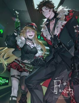 1boy 1girl alcohol ankle_socks asymmetrical_legwear belt belt_buckle belt_collar black_belt black_coat black_gloves black_hat black_jacket black_leg_warmers black_pants black_socks black_tank_top blonde_hair blood blood_on_face bone bone_hair_ornament bottle breasts brown_hair buckle buttons ceiling_light champagne champagne_bottle chest_belt chinese_commentary closed_mouth coat collar collarbone collared_coat collared_jacket commentary_request commission copyright_notice cross-laced_clothes cross-laced_sleeves cross-laced_top dress_pants exit_sign feet_out_of_frame franarf fur-trimmed_coat fur-trimmed_jacket fur_trim gloves grey_thighhighs hair_ornament hairclip hallway hat heart heart-shaped_buckle heart_print height_difference holding holding_bottle indoors jacket knees lapels leather leather_gloves leg_belt leg_warmers light_smile lips long_hair long_sleeves microskirt midriff mismatched_legwear newsboy_cap notched_lapels open_clothes open_coat open_mouth original pants plaid_clothes plaid_hat plaid_skirt purple_eyes red_skirt ribbed_legwear short_hair single_leg_warmer single_thighhigh skirt smile socks standing tank_top thick_eyebrows thigh_belt thigh_strap thighhighs very_long_hair watermark white_belt x_hair_ornament