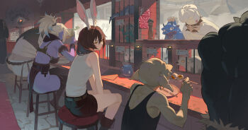 animal_ears brown_hair bunny_girl_(timbougami) chef chef_hat counter eyeball goblin hat highres indoors medium_hair menu on_stool original pepper_mill plate pointy_ears rabbit_ears restaurant salt_shaker shirt shorts sitting skewer sleeveless sleeveless_shirt slice_of_life sweatdrop timbougami