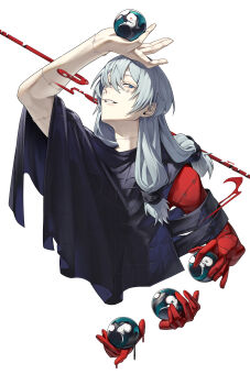 1boy absurdres air_(ai_r_) arm_up black_shirt blue_eyes colored_extremities commentary_request fetus grey_hair highres jujutsu_kaisen long_hair looking_at_viewer mahito_(jujutsu_kaisen) male_focus parted_lips shirt simple_background solo stitched_arm stitched_face stitched_neck stitches white_background