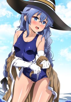 1girl alternate_breast_size black_ribbon blue_eyes blue_hair blue_one-piece_swimsuit blue_sky blush braid breasts brown_cloak cloak cloud covered_erect_nipples elbow_gloves eyebrows_hidden_by_hair feet_out_of_frame fuyumi_kazuki gloves gluteal_fold hair_between_eyes hair_ribbon hat head_tilt highres long_bangs long_hair medium_breasts mushoku_tensei ocean one-piece_swimsuit open_mouth ribbon roxy_migurdia sky solo swimsuit teeth twin_braids upper_teeth_only very_long_hair wet wet_clothes white_gloves witch_hat wringing_clothes