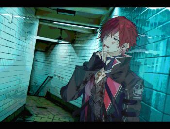 Rule 34 | 1boy, black border, black gloves, blood, blood on clothes, blood on face, border, derohrwurm12, fingerless gloves, fluorescent lamp, gloves, green eyes, hair between eyes, hashtag-only commentary, highres, jacket, key, lauren iroas, lauren iroas (1st costume), long hair, long sleeves, male focus, nijisanji, open clothes, open jacket, open mouth, ponytail, red hair, side ponytail, solo, tile wall, tiles, upper body, virtual youtuber