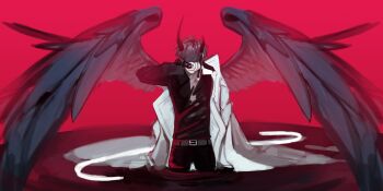 Rule 34 | 1boy, absurdres, arm up, belt, black hair, black shirt, black wings, broken, broken horn, broken sword, broken weapon, coat, coat partially removed, collared shirt, commentary request, covering own eyes, demon horns, facing viewer, feathered wings, frown, hayu beck, highres, holding, holding sword, holding weapon, horns, kim dokja, korean commentary, male focus, official alternate costume, omniscient reader's viewpoint, open clothes, open coat, popped collar, shirt, short hair, solo, sword, wading, weapon, white coat, wings