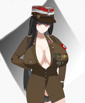 1girl black_hair blue_archive breasts camel cross germany hat highres huge_breasts iron_cross k3bbys kepi large_breasts long_hair medal military military_hat military_uniform nazi nazi_party_pin red_eyes reichsadler rio_(blue_archive) underwear
