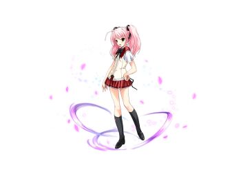 Rule 34 | 1girl, black socks, bow, choukou (alicesoft), choukou sennin haruka, full body, hair ribbon, hand on own hip, kneehighs, long hair, looking at viewer, official art, onigirikun, open mouth, otogi frontier, petals, pink hair, pleated skirt, ribbon, school uniform, second-party source, shihoudou narika, shoes, skirt, socks, solo, tachi-e, transparent background, twintails, variant set, yellow eyes
