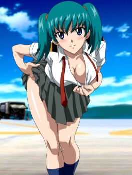 00s 1girl artist_request blue_eyes blurry blush breasts cleavage clothes_lift clothes_pull depth_of_field downblouse female_focus green_hair honjou_mikaze large_breasts leaning_forward reference_work shirt_pull skirt skirt_lift smile solo stratos_4