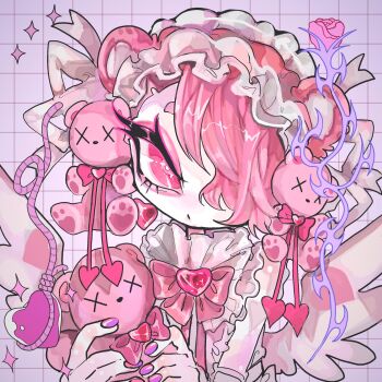 1girl :/ amatou_akuma angel_wings animal animal_ears bare_shoulders bear_ears bow bowtie brooch character_doll closed_mouth collar colored_skin detached_sleeves doll ear_piercing earrings eyeshadow fake_animal_ears feathered_wings female_focus fingernails frilled_collar frilled_leotard frills frown gothic_lolita grid_background hair_bow hair_ornament hair_over_one_eye hairband half-closed_eyes hands_up headdress heart heart_brooch highres holding holding_doll holding_stuffed_toy jewelry leotard lolita_fashion lolita_hairband looking_at_viewer maid_headdress makeup nail_polish original pale_skin paw_print piercing pink_arm_warmers pink_background pink_bear pink_bow pink_brooch pink_earrings pink_eyes pink_frills pink_hair pink_headdress pink_leotard pink_nails pink_ribbon pink_theme ribbon rope short_hair simple_background sleeveless solo sparkle stuffed_animal stuffed_toy symbol-shaped_pupils teddy_bear tiles upper_body white_wings wings x_x