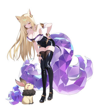 1girl absurdres ahri_(fox) ahri_(league_of_legends) animal_ear_fluff animal_ears animalization bare_shoulders black_choker black_shoes black_shorts black_thighhighs blonde_hair bracelet breasts choker cleavage collarbone crystal_tail detached_sleeves eyes_visible_through_hair facial_mark fox fox_ears fox_girl fox_tail full_body gold_bracelet grin hand_on_own_hip hand_on_own_thigh hanging_breasts heart heart_choker high_heels highres jewelry k/da_(league_of_legends) k/da_ahri large_breasts league_of_legends leaning_forward long_hair looking_at_animal looking_down multiple_tails pelicana person_and_animalization redrawn shirt shoes shorts simple_background skindentation smile standing tail thighhighs very_long_hair whisker_markings white_background white_shirt yellow_eyes