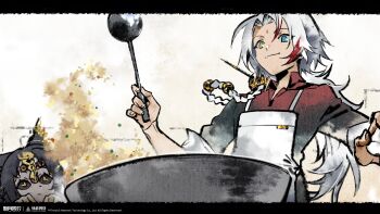 Rule 34 | 1boy, 1girl, absurdres, animal ears, apron, black hair, black sclera, blue eyes, cat ears, cat girl, closed mouth, colored sclera, cooking, copyright name, copyright notice, facial mark, food, forehead mark, fried rice, green eyes, heterochromia, highres, holding, holding ladle, ink wash painting, ladle, letterboxed, logo, looking down, low ponytail, male focus, official art, official wallpaper, ponytail, red shirt, shirt, smile, upper body, white apron, white background, white hair, wok, wutong (xinyue tongxing), xingshen (xinyue tongxing), xinyue tongxing